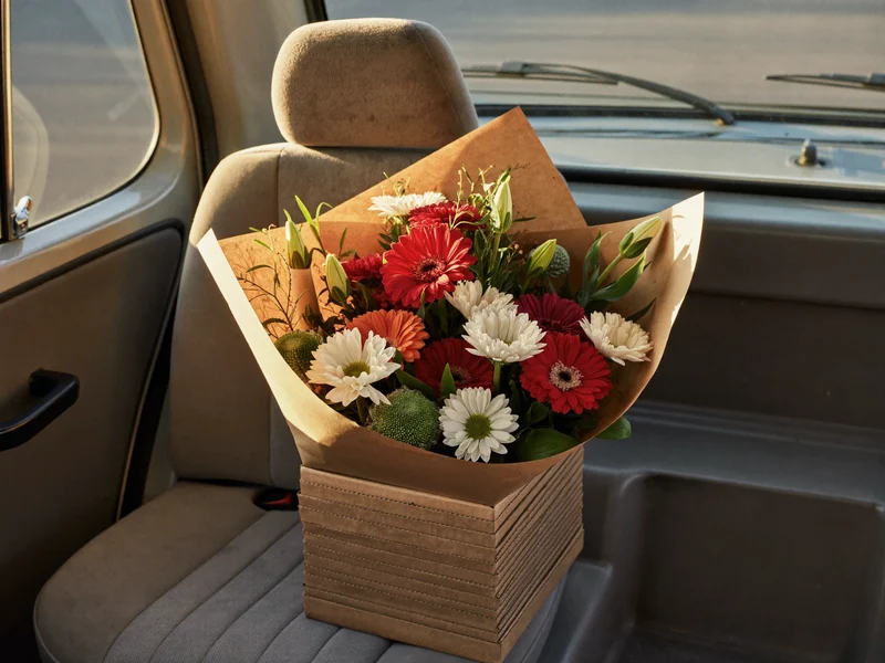 Bouquet in carta kraft in un contenitore di cartone sul sedile di un furgone
